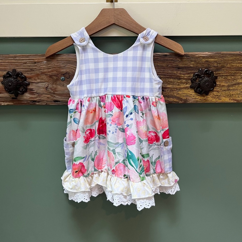 Cheeky Plum Girls 3T Gingham Floral Eyelet Ruffle Dress Lavender Pink Sleeveless